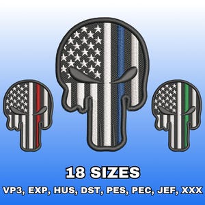 May include: Embroidered skull patches with an American flag design. The patches feature a black outline and a vertical stripe in red, blue, and green. The text "18 SIZES" is at the bottom, along with file format abbreviations.