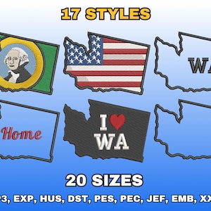 May include: An image featuring embroidered designs of Washington state. The designs include the state outline with the American flag, the words "WA", "Home", and "I Love WA". The text "17 STYLES" and "20 SIZES" are also displayed.