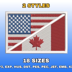 Dual USA Canada Flag Embroidery Design, Digital Machine Embroidery File, Half American Half Canadian Flag, Combined Split Flags, Mixed Flag