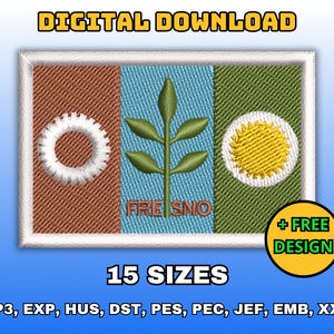 May include: A rectangular patch design with three vertical sections: brown, blue, and green. The design includes a white gear, a green plant, and a yellow sun. Text includes "DIGITAL DOWNLOAD", "FRESNO", "+ FREE DESIGN", and "15 SIZES".