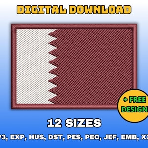 May include: Digital download of an embroidery design featuring the flag of Qatar. The design is available in 12 sizes and includes the file formats VP3, EXP, HUS, DST, PES, PEC, JEF, EMB, and XXX.