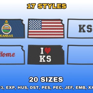 May include: Image showing embroidered patches in the shape of Kansas. Designs include the state flag, the words "KS" and "Home", and the phrase "I ❤️ KS". The text "17 STYLES" and "20 SIZES" are also displayed.