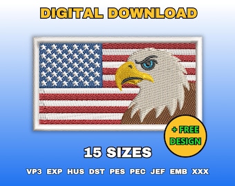 USA Flag With Eagle Embroidery Design, Digital file for machine embroidery, Eagle head patriotic pattern, Instant download in 15 sizes