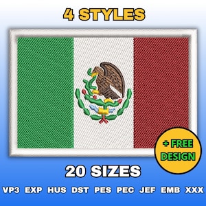 Mexico Flag Embroidery Design, Digital machine embroidery files, Mexican flag embroidery pattern, Instant download in multiple sizes