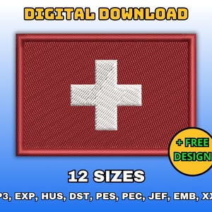 May include: Digital download of 12 embroidery designs of the Swiss flag in red with a white cross. The designs are available in VP3, EXP, HUS, DST, PES, PEC, JEF, EMB, and XXX formats. + FREE DESIGN