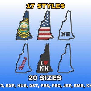May include: An image showing six embroidered patches in the shape of New Hampshire. The patches feature designs such as the state seal, the American flag, and the text "NH" and "Home". The image also includes the text "17 STYLES" and "20 SIZES".