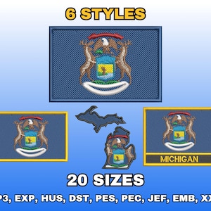 Desenho de bordado da bandeira de Michigan, arquivos digitais para bordado à máquina, padrão de bordado da bandeira do estado americano, download instantâneo, vários tamanhos.
