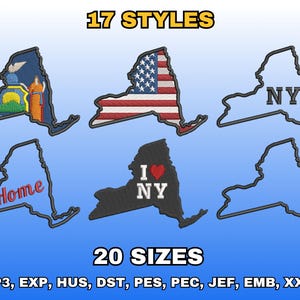 Puede incluir: Imagen que muestra varios diseños bordados del contorno del estado de Nueva York. Los diseños incluyen la bandera estadounidense, las palabras "Home" e "I NY", y las letras "NY". También se muestra el texto "17 STYLES" y "20 SIZES".