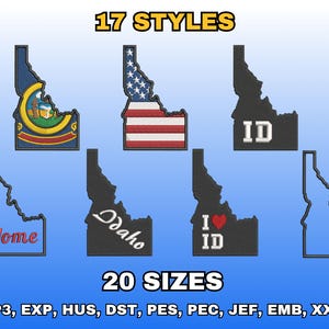 Puede incluir: Imagen que muestra varios parches bordados con la forma del estado de Idaho. Los parches presentan diferentes diseños, incluyendo el sello estatal, la bandera estadounidense y el texto "ID" o "Idaho". La imagen también muestra el texto "17 ESTILOS" y "20 TAMAÑOS".