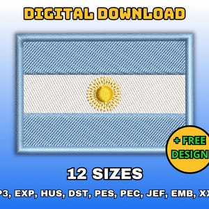 May include: Digital download of 12 embroidery designs of the Argentinian flag in various formats, including VP3, EXP, HUS, DST, PES, PEC, JEF, EMB, and XXX.  The flag is blue and white with a yellow sun in the center.