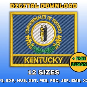 Kentucky Flag with text label - embroidery design, Digital machine embroidery file, State flag pattern, Instant download in multiple sizes