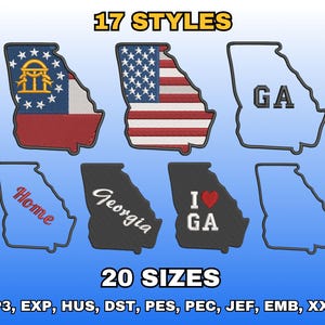 May include: An image featuring various embroidered designs of the state of Georgia. The designs include the state flag, the American flag, and outlines with text such as "GA", "Home", "Georgia", and "I ❤️ GA". The text "17 STYLES" and "20 SIZES" are also present.