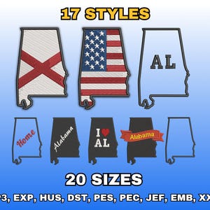 Può includere: Un'immagine con vari disegni ricamati dello stato dell'Alabama. I disegni includono la bandiera dello stato dell'Alabama, la bandiera americana all'interno del contorno dello stato e contorni con testo come "AL", "Home" e "I ❤️ AL". È presente anche il testo "17 STYLES" e "20 SIZES".