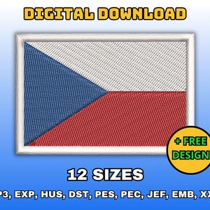 Puede incluir: Una descarga digital de 12 diseños de bordado de la bandera de la República Checa en varios formatos, incluidos VP3, EXP, HUS, DST, PES, PEC, JEF, EMB y XXX. La bandera es roja, blanca y azul con un triángulo azul en la esquina superior izquierda.