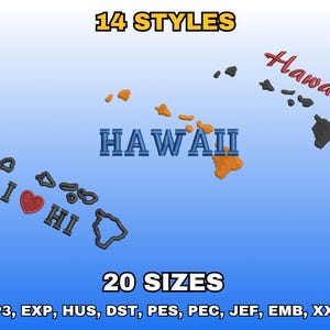 Puede incluir: Una imagen con la palabra "Hawaii" en varios estilos, junto con "I HI" y un símbolo de corazón. La imagen también muestra "14 ESTILOS" y "20 TAMAÑOS", con varias extensiones de formato de archivo.