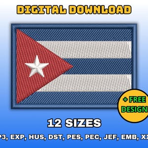 May include: Digital download of 12 embroidery designs of the Cuban flag in various sizes. The flag is red, white, and blue with a white star in the red triangle. The designs are available in VP3, EXP, HUS, DST, PES, PEC, JEF, EMB, and XXX formats. + FREE DESIGN
