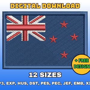 May include: Digital download of 12 embroidery designs of the New Zealand flag in various formats, including VP3, EXP, HUS, DST, PES, PEC, JEF, EMB, and XXX.  The flag is blue with a red cross and four red stars.