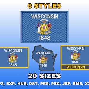 Wisconsin Flag Embroidery Design, Digital Machine Embroidery Files, US State Flag Embroidery Pattern, Instant Download, Multiple Sizes