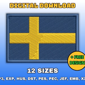 May include: Digital download of 12 embroidery designs of the Swedish flag in blue and yellow. The designs are available in VP3, EXP, HUS, DST, PES, PEC, JEF, EMB, and XXX formats.