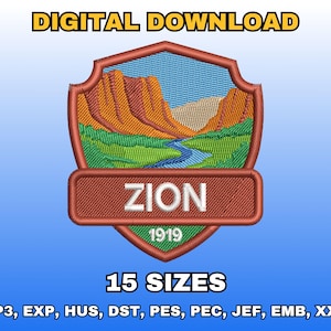Puede incluir: Un diseño de bordado de descarga digital que presenta un emblema en forma de escudo con una escena de paisaje. El diseño incluye el texto "ZION" y "1919". La imagen también incluye el texto "DESCARGA DIGITAL" y "15 TAMAÑOS".