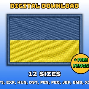 Puede incluir: Una descarga digital de 12 diseños de bordado de la bandera ucraniana en azul y amarillo. Los diseños están disponibles en los formatos VP3, EXP, HUS, DST, PES, PEC, JEF, EMB y XXX. + DISEÑO GRATIS