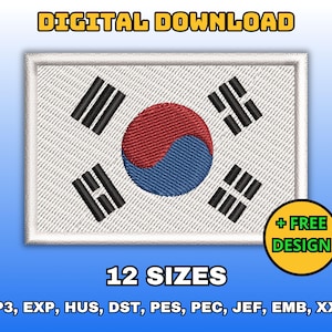 May include: A digital download of 12 embroidery designs of the South Korean flag. The flag is white with a red and blue circle in the center and black horizontal lines on either side. The text "DIGITAL DOWNLOAD" is at the top of the image and "12 SIZES" is at the bottom. The text "VP3, EXP, HUS, DST, PES, PEC, JEF, EMB, XXX" is also at the bottom of the image.