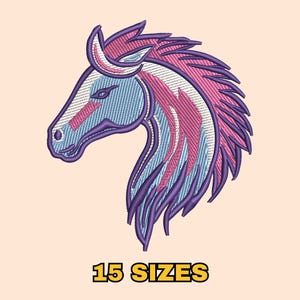 May include: Embroidered design of a horse head with a pink and blue color scheme. The horse's mane is long and flowing, and the design is detailed and intricate. 15 SIZES