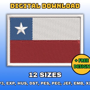 May include: Digital download of 12 embroidery designs of the Chilean flag in various formats, including VP3, EXP, HUS, DST, PES, PEC, JEF, EMB, and XXX.  + FREE DESIGN