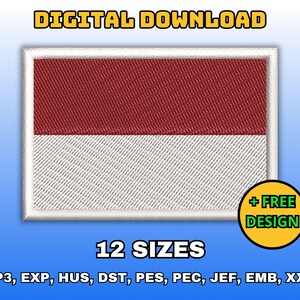 May include: Digital download of 12 embroidery designs of the Indonesian flag in red and white. The designs are available in VP3, EXP, HUS, DST, PES, PEC, JEF, EMB, and XXX formats.  +FREE DESIGN