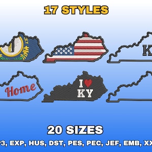 Puede incluir: Imagen que presenta bordados del estado de Kentucky. Los diseños incluyen la bandera estatal, la bandera estadounidense, las letras "KY", la palabra "Home" y "I ❤️ KY". También se muestra el texto "17 STYLES" y "20 SIZES".