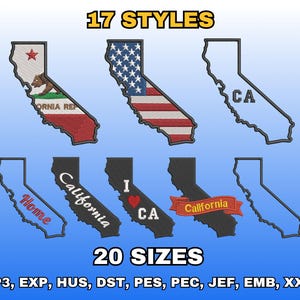 Puede incluir: Imagen que muestra 17 estilos de diseños en forma de California. Los diseños incluyen contornos, la bandera estatal y texto como "CA", "Home" y "California". También se muestra el texto "20 TAMAÑOS" y formatos de archivos de bordado.