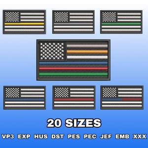 Puede incluir: Parches bordados con el diseño de la bandera estadounidense con rayas de varios colores, incluyendo amarillo, gris, verde, rojo y azul. La imagen muestra múltiples parches, con el texto "20 SIZES" y abreviaturas de tipo de archivo en la parte inferior.