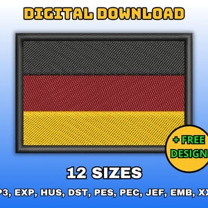 May include: Digital download of 12 embroidery designs of the German flag in various formats, including VP3, EXP, HUS, DST, PES, PEC, JEF, EMB, and XXX.  + FREE DESIGN