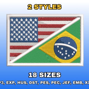 May include: Embroidered patch featuring the American and Brazilian flags, divided diagonally. The American flag section displays red and white stripes with blue stars. The Brazilian flag section shows a yellow diamond with a blue circle. Text reads "2 STYLES" and "18 SIZES".