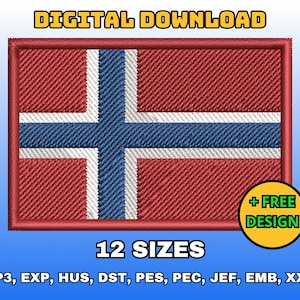 May include: Digital download of 12 embroidery designs of the Norwegian flag in various formats, including VP3, EXP, HUS, DST, PES, PEC, JEF, EMB, and XXX.  + FREE DESIGN