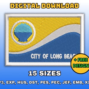May include: A rectangular patch featuring the City of Long Beach flag design. The flag has a yellow background, a blue wave, and a white border. Text includes "DIGITAL DOWNLOAD", "CITY OF LONG BEACH", and "15 SIZES".