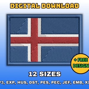 Iceland flag embroidery design, Digital machine embroidery files, Icelandic flag embroidery pattern, Instant download in multiple sizes