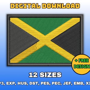 May include: Digital download of 12 embroidery designs of the Jamaican flag in various formats, including VP3, EXP, HUS, DST, PES, PEC, JEF, EMB, and XXX.  + FREE DESIGN