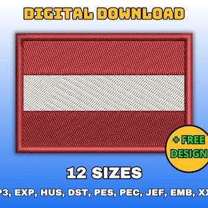 May include: Digital download of 12 embroidery designs of the Latvian flag in red and white. The designs are available in VP3, EXP, HUS, DST, PES, PEC, JEF, EMB, and XXX formats. + FREE DESIGN