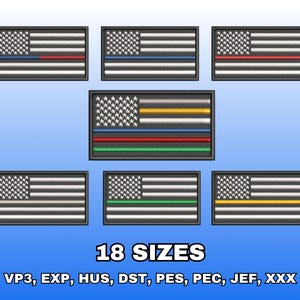 Puede incluir: Parches bordados con la bandera estadounidense con varias rayas de colores, incluyendo rojo, azul, verde y amarillo. Los parches tienen forma rectangular con un borde negro. También se muestra el texto "18 SIZES" y los formatos de archivo de bordado.