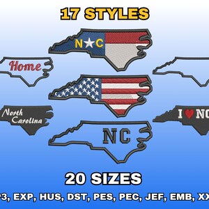 Puede incluir: Una imagen que muestra varios diseños bordados del contorno del estado de Carolina del Norte. Los diseños incluyen la bandera estatal, la bandera estadounidense y texto como "Home", "North Carolina", "I ❤️ NC" y "NC". La imagen también muestra "17 STYLES" y "20 SIZES".