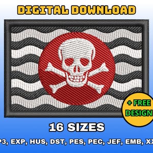 Spezielle Piraten Flagge Stickmuster, digitale Maschinenstickdatei, Totenkopf Flagge Stickmuster, Sofort download in mehreren Größen