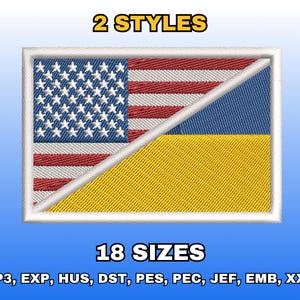 Puede incluir: Parche bordado con un diseño que combina las banderas estadounidense y ucraniana. La sección de la bandera estadounidense muestra estrellas y rayas, mientras que el lado ucraniano tiene azul y amarillo. El texto "2 STYLES" y "18 SIZES" también es visible.