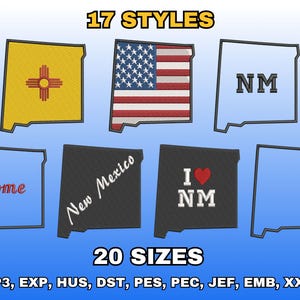 Puede incluir: Imagen que muestra varios diseños bordados del contorno del estado de Nuevo México. Los diseños incluyen la bandera estatal, el símbolo estatal, los textos "NM", "Home", "New Mexico" e "I ❤️ NM". También se muestran los textos "17 STYLES" y "20 SIZES".