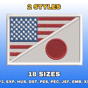 Puede incluir: Parche bordado con un diseño dividido: la bandera estadounidense a la izquierda y la bandera japonesa a la derecha. El parche es rectangular con un borde blanco. El texto en el parche dice "2 STYLES" y "18 SIZES".