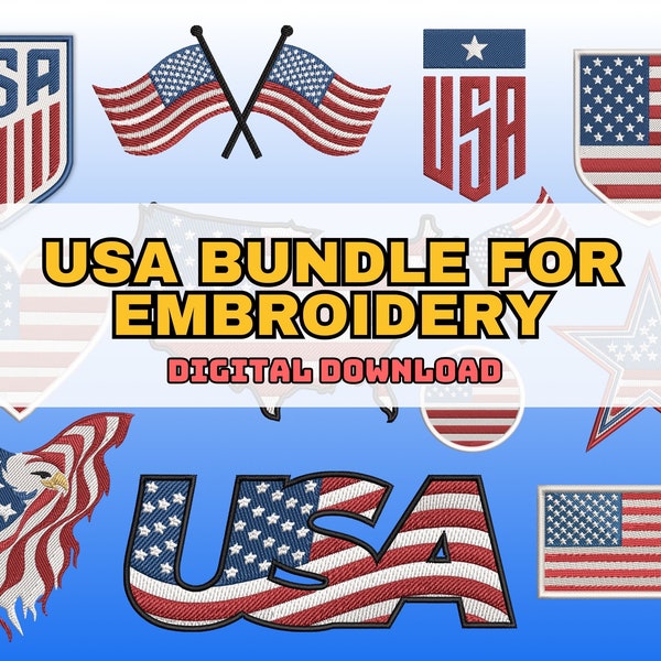 USA embroidery designs bundle, Digital machine embroidery files, American patriotic embroidery patterns, Instant download in multiple sizes