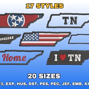 May include: An image showcasing various embroidered patches in the shape of the state of Tennessee. Designs include the state flag, the American flag, the letters "TN", the word "Tennessee", the word "Home", and "I ❤️ TN". The image also displays the text "17 STYLES" and "20 SIZES".