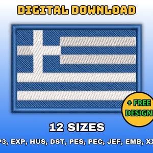 May include: A digital download of 12 embroidery designs of the Greek flag in blue and white. The designs are available in VP3, EXP, HUS, DST, PES, PEC, JEF, EMB, and XXX formats.  + FREE DESIGN