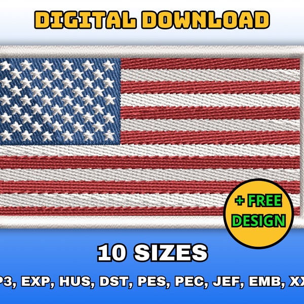 USA flag embroidery design, Digital machine embroidery files, American patriotic flag embroidery pattern, Instant download in multiple sizes