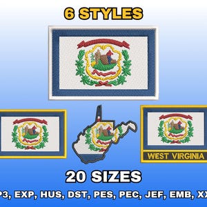 West Virginia Flagge Stickerei Design, digitale Stickdatei, US Flagge Stickmuster, Instant Download, mehrere Größen